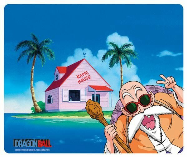 Kame House rosa con Maestro Roshi entre palmeras y cielo azul